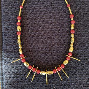 Red Necklace with gold plated beads: reproduction of pre-columbian jewelry